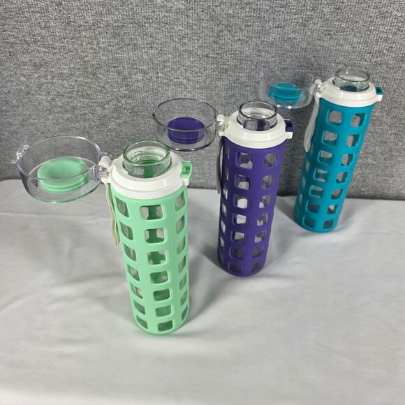 ELLO 3 SET GLASS WATER BOTTLES FLIP LID SILICONE SLEEVE 20OZ GREEN, TEAL, PURPLE - Picture 11 of 12